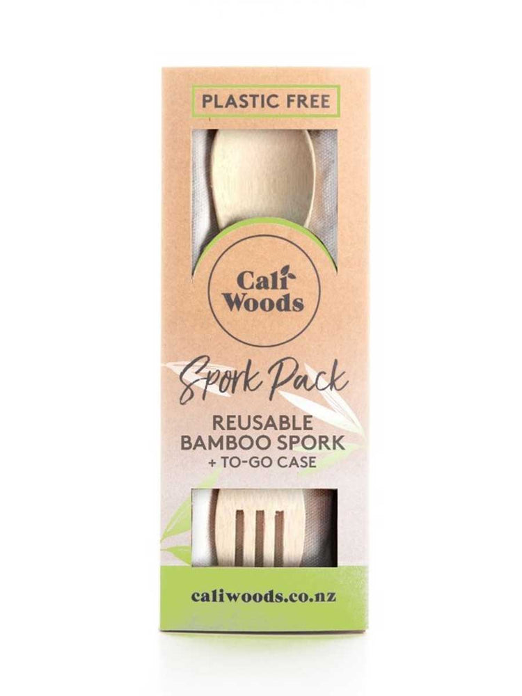 Cali Woods reusable bampoo spork and case in its packaging